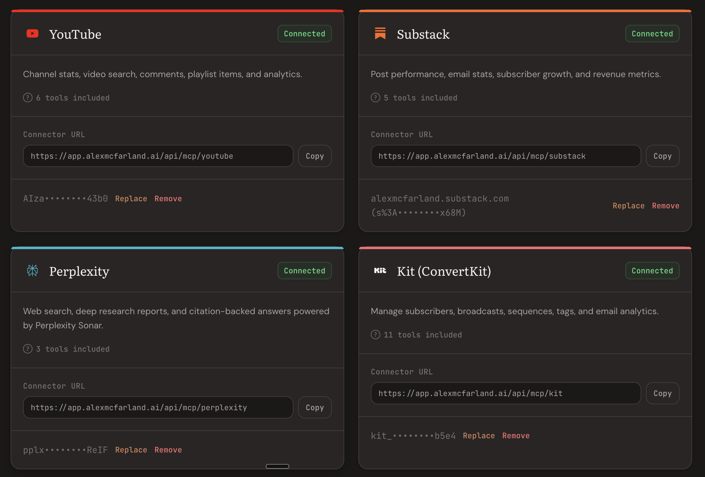 Custom connectors dashboard showing YouTube, Substack, Perplexity, and Kit connected