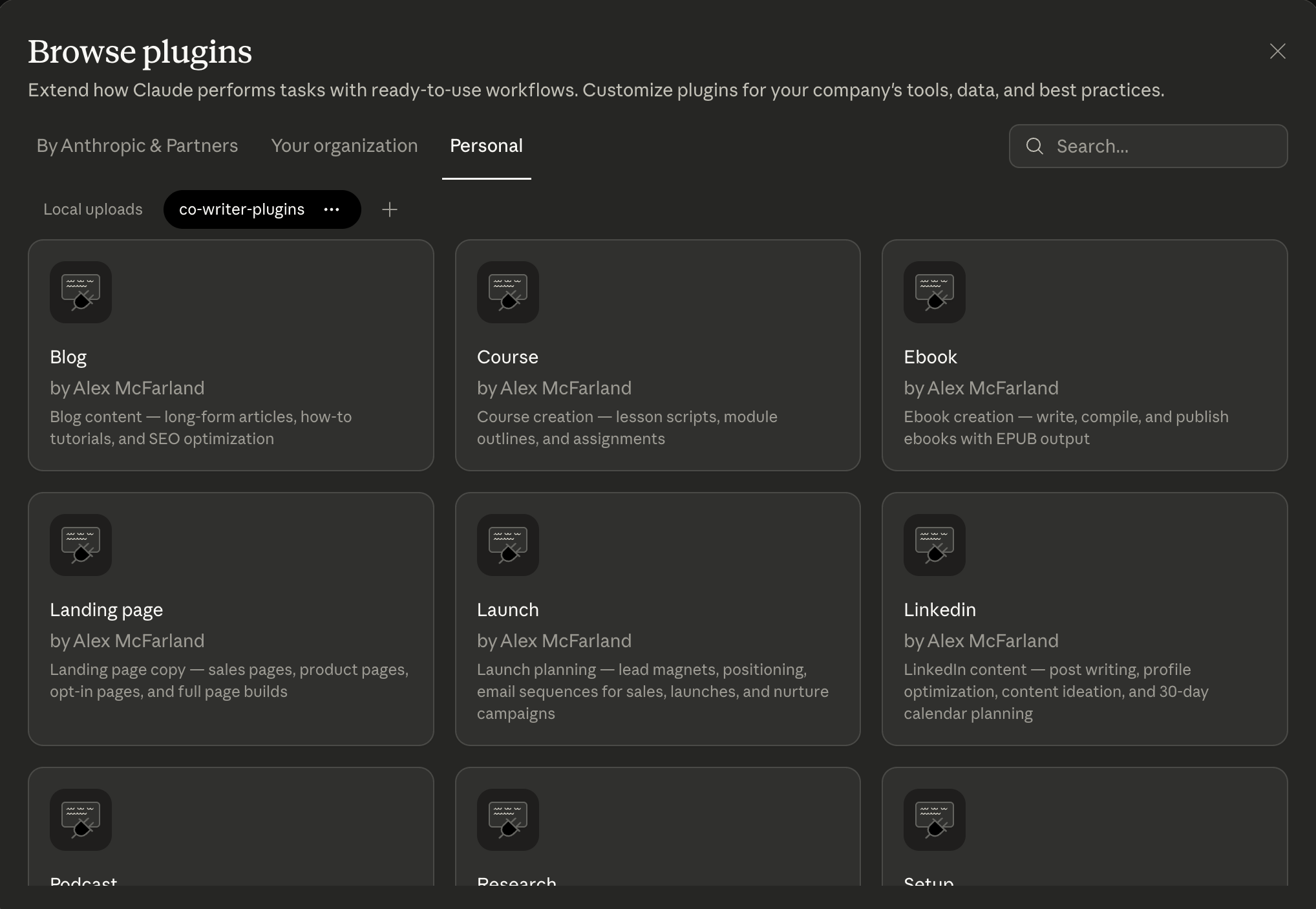 Plugin marketplace showing available plugins in Claude Cowork